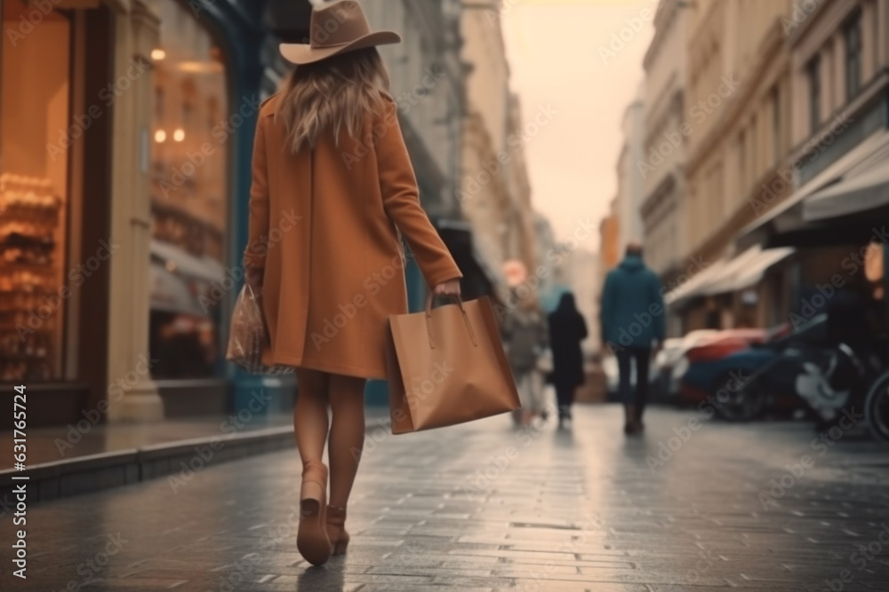 Stylish woman in brown clothes with shopping bags walking wet city street