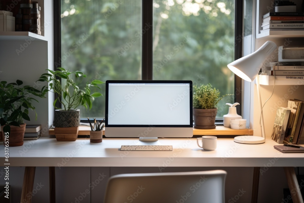 Workspace with computer and supply on table, Empty screen computer with Generate Ai. Workspace with computer and supply on table, Empty screen computer with Generate Ai.