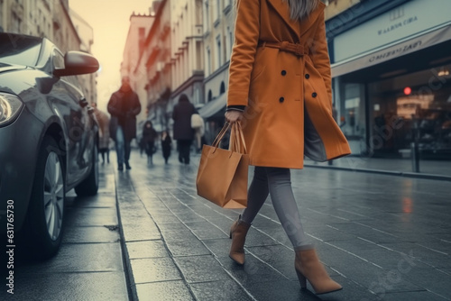 Stylish woman in brown clothes with shopping bags walking wet city street photo