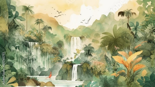 Travel illustration. Tropical world. Art  minimalism  romanticism  watercolors  pastels. Generative AI.