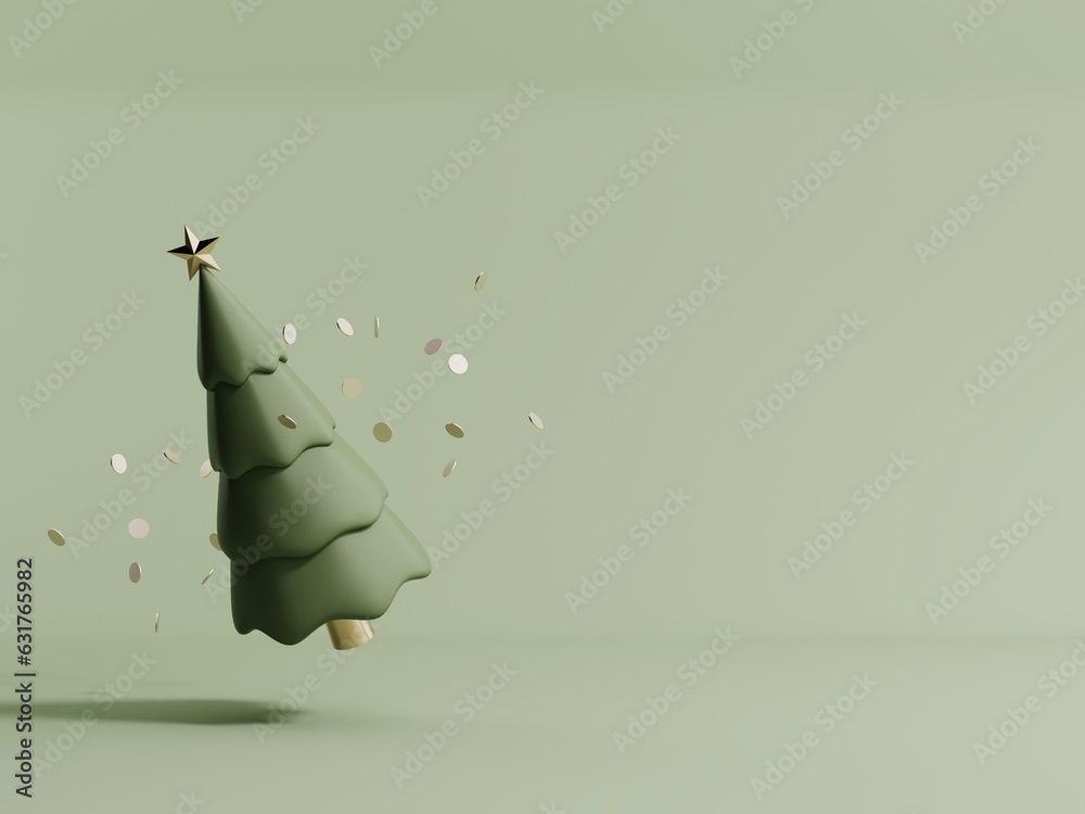 Fototapeta premium 3d render of Christmas tree background.Green pastel podium with frame and holiday symbol. Showcase, podium for advertising products in trendy cartoon style. Minimalistic new year and winter wallpaper.