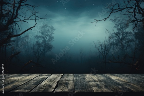 A rustic wooden table set against a backdrop of eerie woods, serving as a display area for products in a mysterious Halloween-themed setting. Generative AI