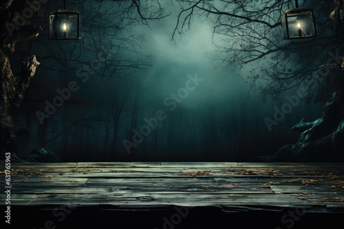 A rustic wooden table set against a backdrop of eerie woods  serving as a display area for products in a mysterious Halloween-themed setting. Generative AI