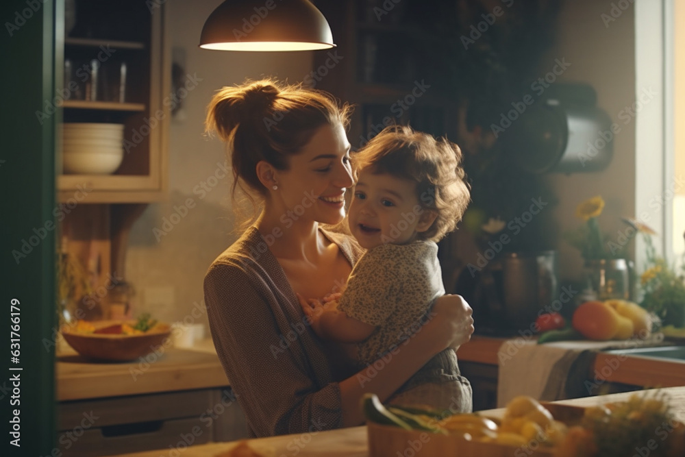 Young mother and little daughter at kitchen, lights in bokeh on background