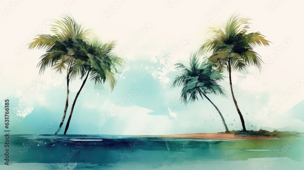 Travel illustration. Tropical island with palm trees. Art, minimalism, romanticism, watercolors, pastels. Generative AI.