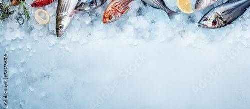 A selection of fresh fish and seafood on ice, seen from above, with empty space for text.