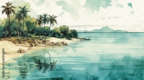 Travel illustration. Tropical island with palm trees. Art  minimalism  romanticism  watercolors  pastels. Generative AI.