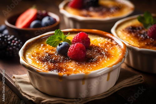 creme brulee in ramekins with blueberries, raspberries and mint leaves on top in the style of editorial gourmet food magazine photography photo