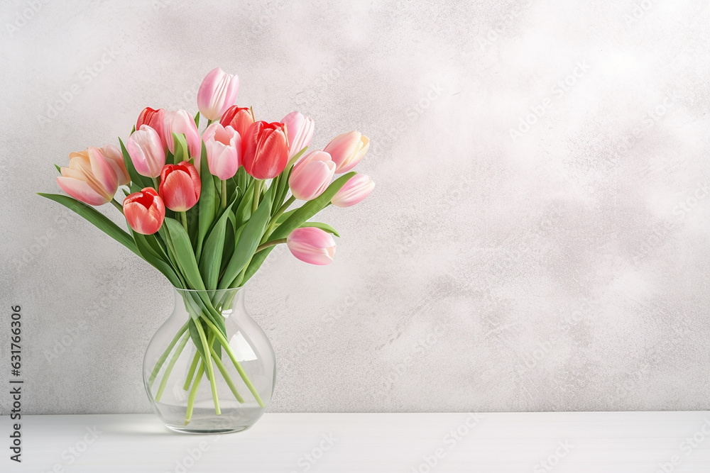 Exquisite Glass Vase with Bouquet of Beautiful Tulips on White Brick Wall Background - Created with Generative AI Tools Exquisite Glass Vase with Bouquet of Beautiful Tulips on White Brick Wall Background - Created with Generative AI Tools