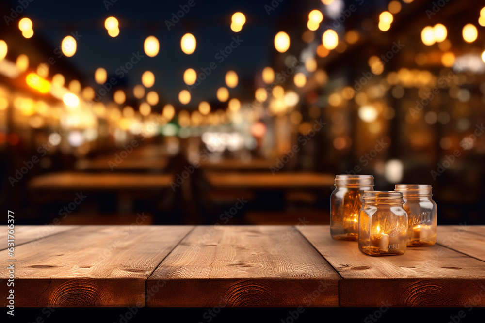Cozy Wooden Table in Front of Abstract Blurred Restaurant Lights - Created with Generative AI Tools