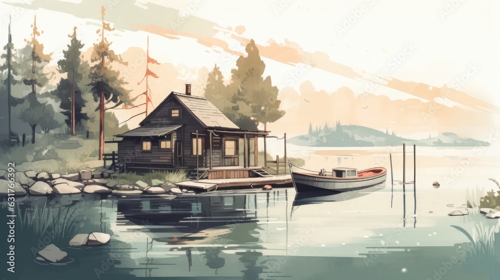 Fototapeta premium Travel illustration. House on the lake . Art, minimalism, romanticism, watercolors, pastels. Generative AI.