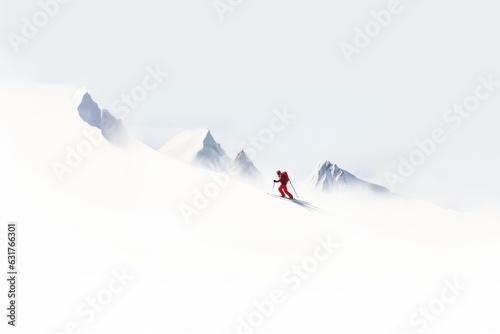 Ascenso a la montaña en mitad de la tormenta de nieve, deporte de riesgo en invierno, paisaje salvaje, naturaleza y aventura 