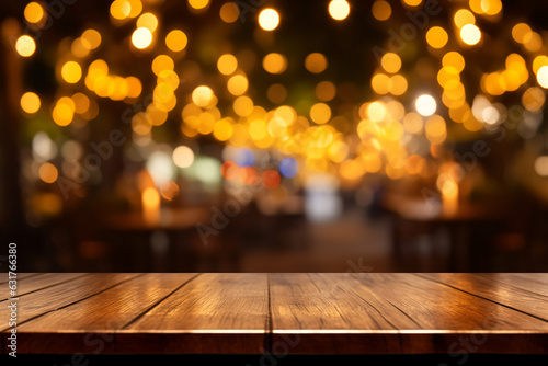 Cozy Wooden Table in Front of Abstract Blurred Restaurant Lights - Created with Generative AI Tools