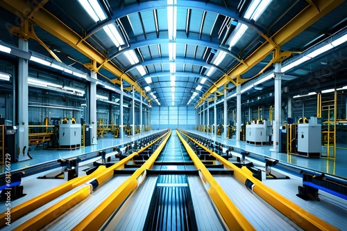 Car Factory 3D Concept: Automated Robot Arm Assembly Line Manufacturing High-Tech Green Energy Electric Vehicles. Construction, Building, Welding Industrial Production Conveyor. Elevated Wide Shot photo