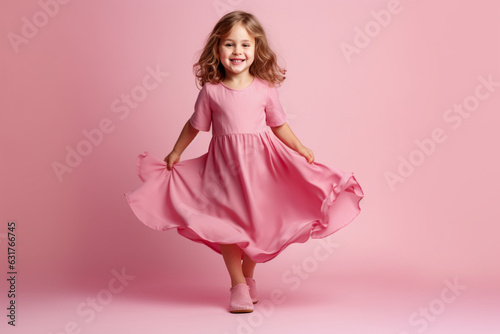 Full body length little cute kid girl 5-6 years old wears rosy dress have fun walk go step isolated on pastel pink background child studio portrait, Mother's Day love family people lifestyle concept