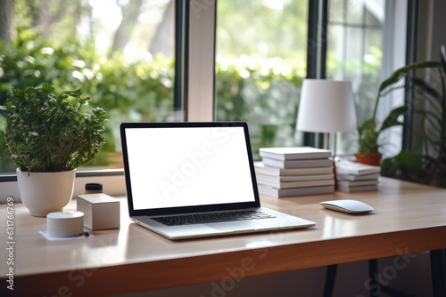 Workspace with laptop computer and supply on table, Empty screen computer with Generate Ai.