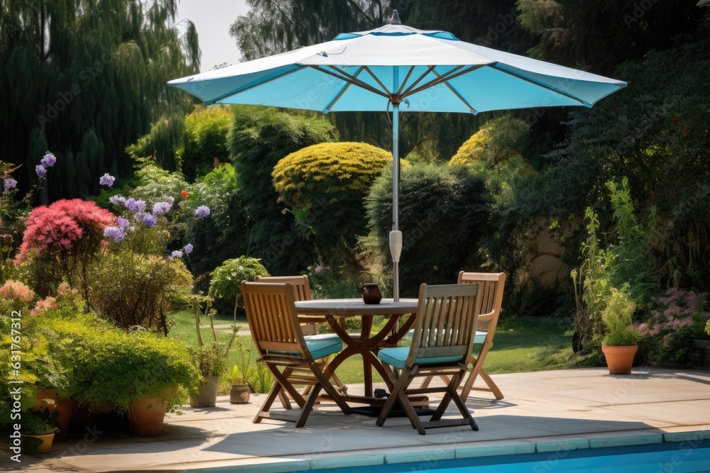 Cafe table with chair and parasol umbrella in the garden Cafe table with chair and parasol umbrella in the garden