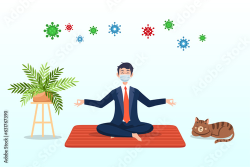 Man meditate and yoga at home to stay calm, COVID-19 virus around, stay calm at home by meditation or yoga in social distancing self isolation in COVID-19 Coronavirus outbreak lockdown (Vector)