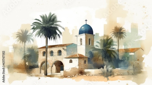 Travel illustration. Cyprus. Art, minimalism, romanticism, watercolors, pastels. Generative AI. 