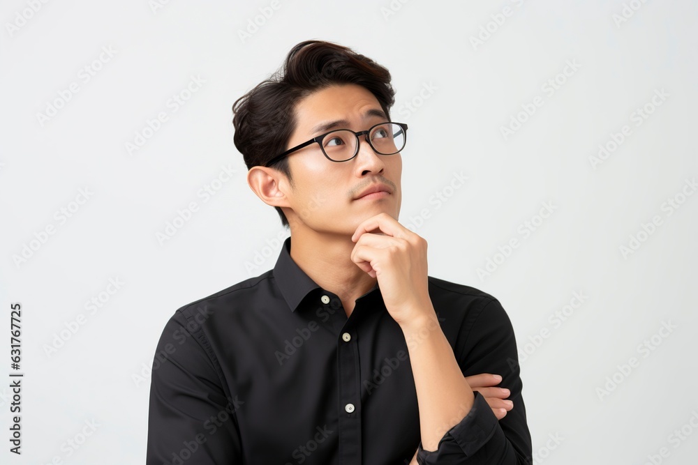 asian businessman thinking about posing in front of a camera asian businessman thinking about posing in front of a camera