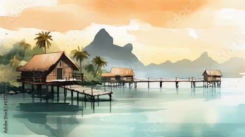 Travel illustration. French Polynesia. Art, minimalism, romanticism, watercolors, pastels. Generative AI.