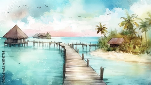 Travel illustration. French Polynesia. Art  minimalism  romanticism  watercolors  pastels. Generative AI.