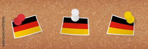 Germany flag pinned in cork board, three versions of Germany flag.