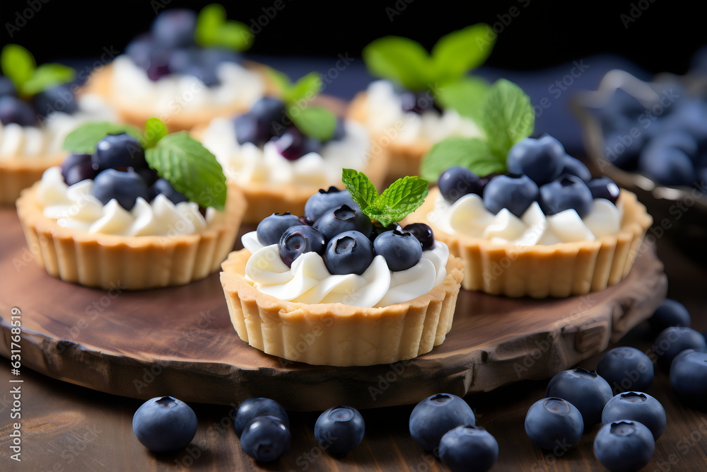 mini blueberry cream tarts on wooden board editorial gourmet food photography 