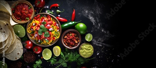 Cinco De Mayo food focuses on traditional Mexican dishes such as tacos  quesadillas  burritos  chili  salsa sauce  and spicy peppers with lime slices. commonly represented with a black concrete