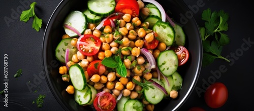 A lunch option with chickpeas, figs, cucumber, tomatoes, and onions served in a bowl, viewed from the top. The menu includes healthy vegetable dishes. empty space for copying.