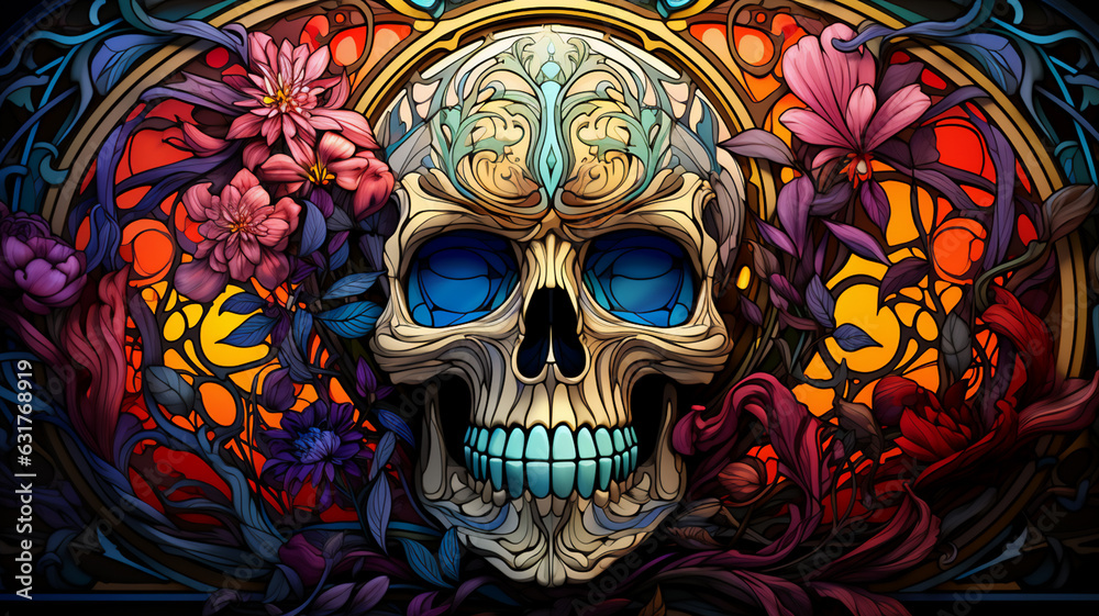 Illustration in stained glass style with a Skull on a dark background. generative AI