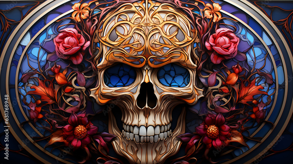 Illustration in stained glass style with a Skull on a dark background. generative AI