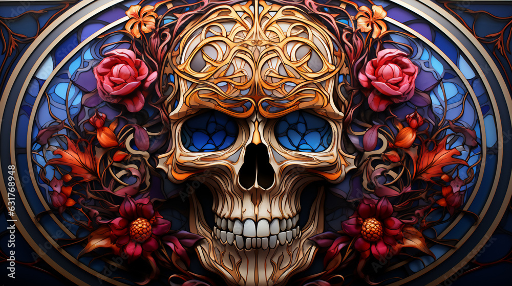 Naklejka premium Illustration in stained glass style with a Skull on a dark background. generative AI