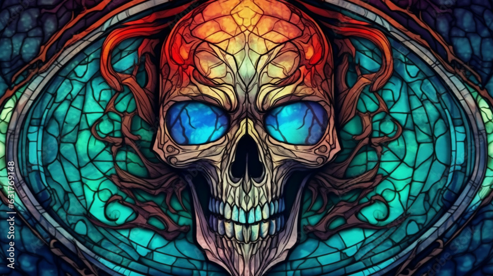 Fototapeta premium Illustration in stained glass style with a Skull on a dark background. generative AI