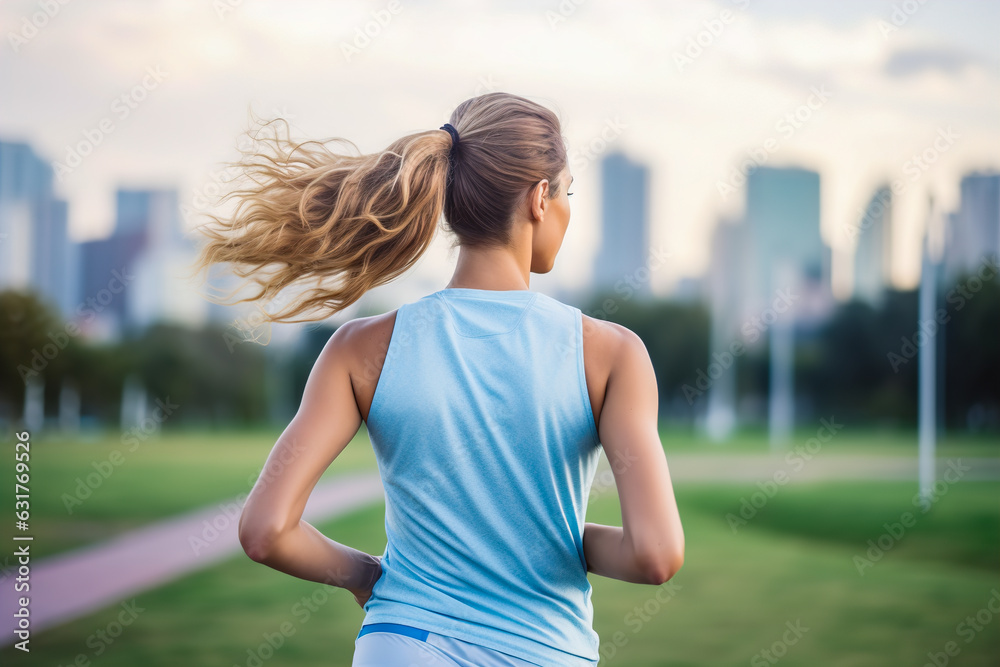 Young woman running and training in the park in summer, active woman trains in her free time taking care of her body and health.
