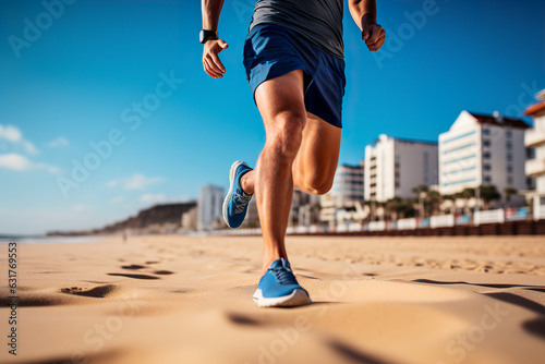 Legs of a young man running on the beach viewed from the front. Generative AI