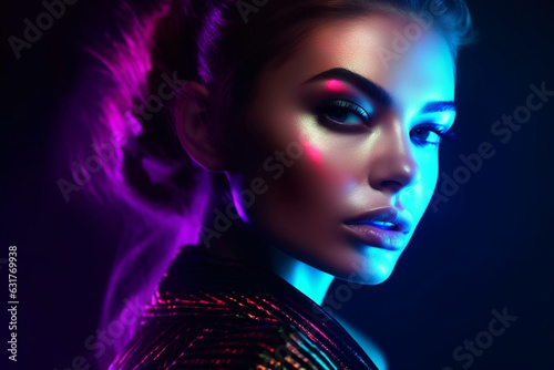 Night, Portrait of female fashion model in neon light on dark studio background, Beautiful caucasian woman with trendy make-up and well-kept skin, Vivid style, beauty concept, Close up, Copyspace