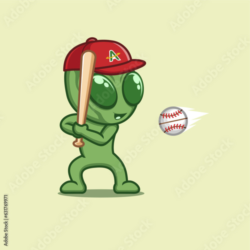 cute cartoon alien playing baseball