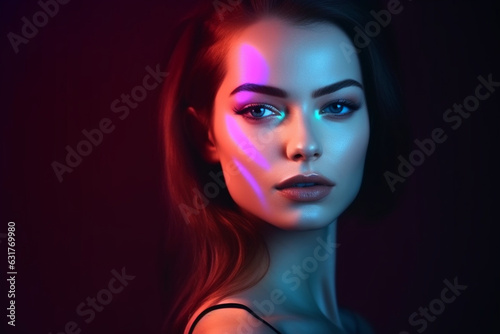 Night, Portrait of female fashion model in neon light on dark studio background, Beautiful caucasian woman with trendy make-up and well-kept skin, Vivid style, beauty concept, Close up, Copyspace