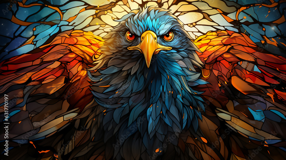 Illustration in stained glass style with a portrait of an eagle. generative AI