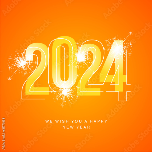 Happy New Year 2024 eve line and bold light yellow shining typography with sparkle firework on yellow orange isolated background icon logo