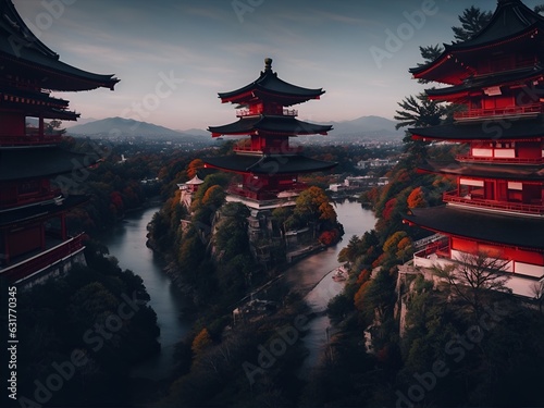 Ancient japanese pagoda temple scenery