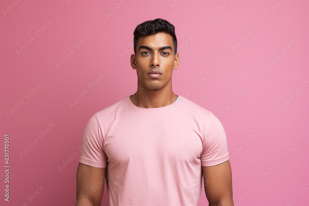 Photo realistic athletic Indian male model wearing a t-shirt pink background
