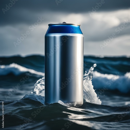 Aluminum can on sea waves background, mockup. 