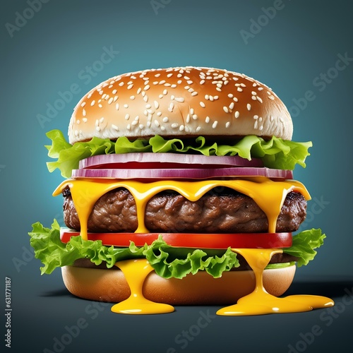 Hamburger on a blue background, close-up view