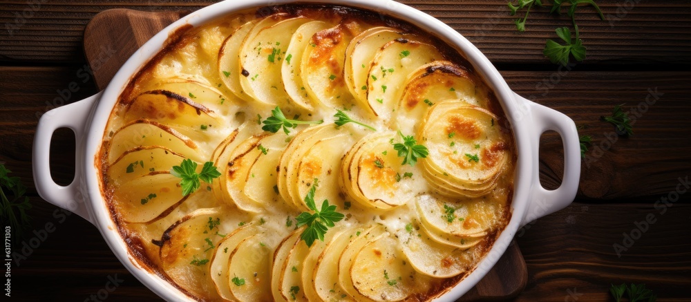 The potato gratin in a white baking dish is seen from the top view on a wooden background. enough space to add text or other elements. The potato gratin in a white baking dish is seen from the top view on a wooden background. enough space to add text or other elements.