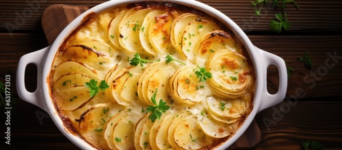 The potato gratin in a white baking dish is seen from the top view on a wooden background. enough space to add text or other elements.