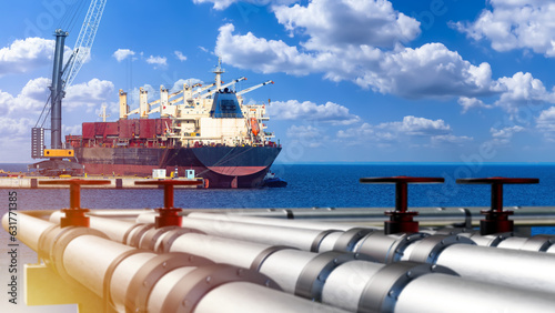 LNG terminal in port. Ship near gas pipes. Harbor for loading LNG onto sea vessel. Port for transportation oil. Gas LNG pipeline. Import of methane and propane. Export of petroleum products by ship