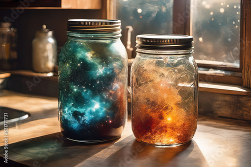 jars with different colorful stars and jars of honey on wooden table
