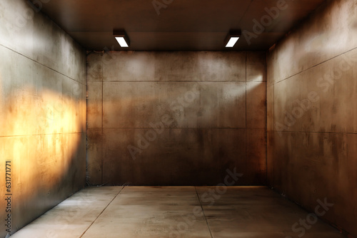 Dirty industrial area. Concrete room. Storage room for goods. Garage with stained walls. Small room with lamps under ceiling. Industrial chamber for mini workshop. Utility storage area. 3d image